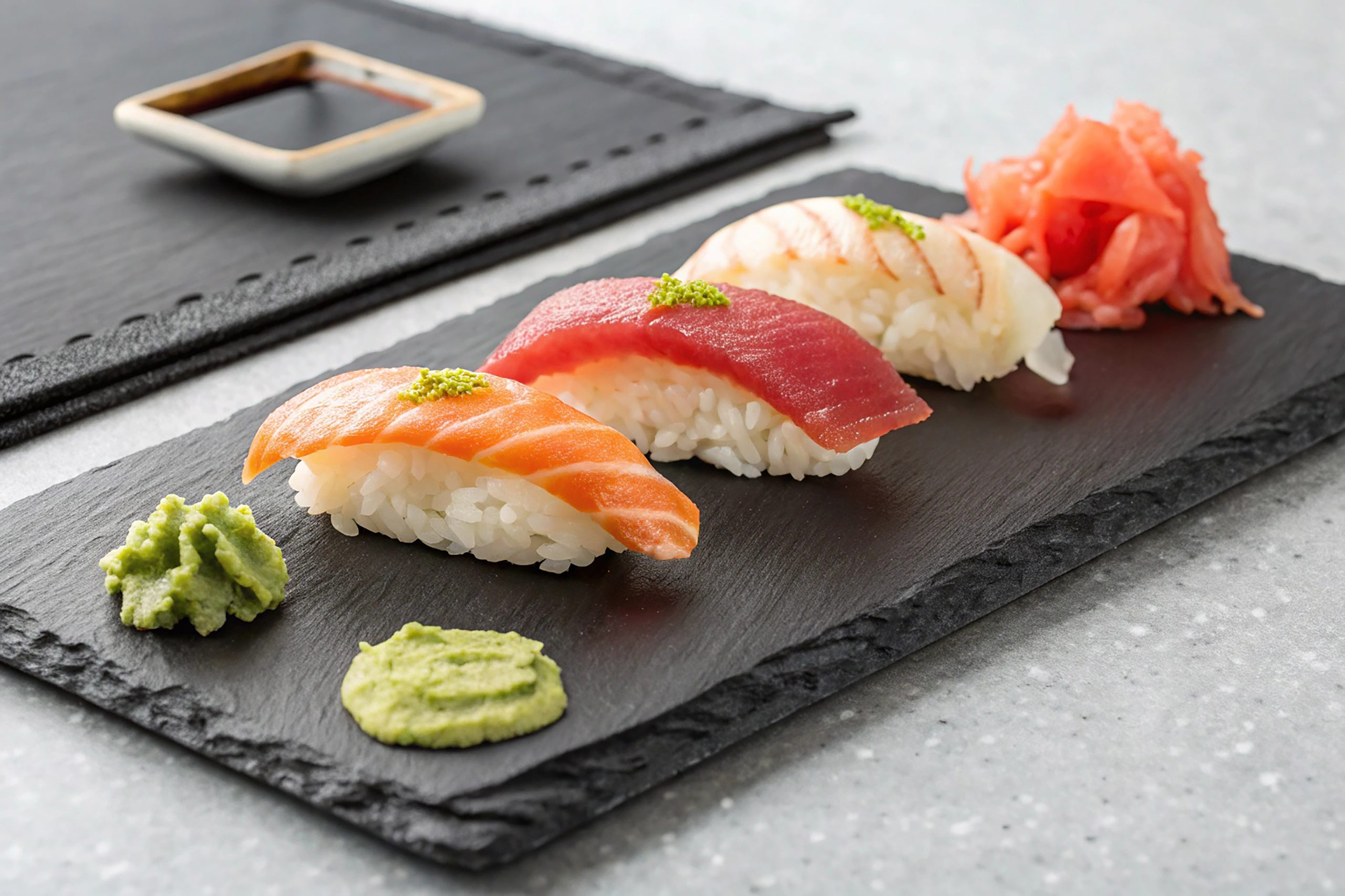 Assortment of sushi nigiri on a slate platter salmon